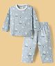 Ollypop Sinker Knit Full Sleeves T-Shirt & Pajama Night Suit With Cat Print - Grey