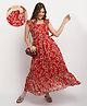 Moms Maternity Georgette Woven Frill Sleeves Floral Printed Maternity Dress With Side Zipper Nursing Access - Red