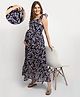 Moms Maternity Georgette Woven Frill Sleeves Floral Printed Maternity Dress With Side Zipper Nursing Access - Navy Blue
