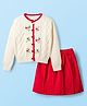 Yellow Apple Knit Full Sleeves Winter Wear Top & Skirt Set with Cable Knit Design & Floral Embroidery - White & Red