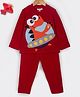 Hugsntugs Fleece Knit Full Sleeves Dinosaur Patch Detailed Winter Tee & Pants Set - Red