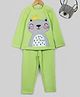 Hugsntugs Fleece Knit Full Sleeves Cat Patch Detailed Winter Tee & Pants Set - Green
