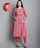 Moms Maternity Cotton Woven Three Fourth Sleeves Striped Kurti With Side Nursing Access - Pink