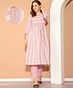 Moms Maternity Cotton Woven Three Fourth Sleeves Striped Maternity Kurti With Side Zipper Nursing Access & Pant Set - Pink