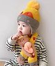 Ziory Woollen Knit Animal Designed Teddy & Heart Applique Detailed Pom Pom Embellished Cap With Muffler - Mustard - Circumference 52 - 56 Cm