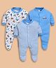 Wonderchild Pack Of 3 Full Sleeves Construction Vehicles Printed & Striped Footed Sleepsuit - Turquoise Blue