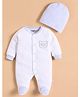 Wonderchild Full Sleeves Little Teddy Text Embroidered Sleepsuit With Cap - White & Blue