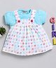 Wonderchild Polka Dots Printed Knee Length Pinafore Dress With Half Puffed Sleeves Solid Tee - Firozi & White