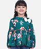 Cutiekins Woven Full Balloon Sleeves Floral Printed Bow Applique Detailed Peplum Top - Dark Green & Pink