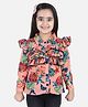 Cutiekins Woven Full Sleeves Floral Printed Frill Detailed Top Coral & Green