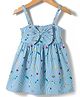 Kookie Kids Woven Sleeveless Striped Frock With Fruit & Floral Print & Bow Applique - Blue