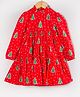 Hugsntugs Cotton Woven Christmas Theme Full Sleeves Christmas Tree Printed Dress - Red