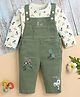 TOONYPORT Cotton Blend Knit Happy Timer Text Vehicle Embroidered Dungaree With Full Sleeves Tee - Green
