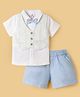 Child World Textile Woven Half Sleeves Striped 3 Piece Party Suit with Bow Applique - Sky Blue