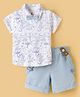 Child World Textile Woven Half Sleeves Animal Printed Shirt & Shorts Set With Bow & Suspender - Light Blue