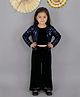 Lil' Drama Velvet Knit Full Sleeves Solid Top & Pant With Sequins Embellished Jacket Set - Navy Blue