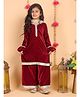Superminis Velvet Woven Full Sleeves Gota Lace Embellished Kurti & Palazzo Set With Dupatta - Maroon