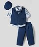 Robo Fry Cotton Woven Full Sleeves Printed 3 Piece Party Suit With Bow & Cap - Navy Blue