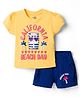 Doodle Poodle 100% Cotton Single Jersey Knit Half Sleeves Top & Shorts Set with Beach Theme Print - Yellow & Navy Blue