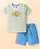 Doodle Poodle 100% Cotton Single Jersey Knit Half Sleeves Striped T-Shirt & Shorts Set with Lion Print - White & Blue