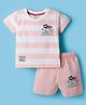 Mini Donuts Single Jersey Knit Half Sleeves Striped T-Shirt & Shorts Set With Summer Fest Print - Pink