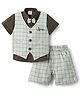 Mini Taurus Sinker Knit Half Sleeves Checks 3 Piece Party Suit With Bow Applique & Car Embroidery - Green