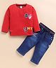 Olyoly Cotton Knit Full Sleeves Typography Patch Detailed Tee & Pants - Red