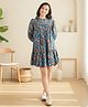 Cutiekins Woven Full Sleeves Floral Printed Dress - Blue & Orange