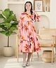 Cutiekins Woven Three Fourth  Sleeves Floral Printed Frill Detailed Dress - Coral Pink & Multi Colour