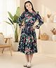 Cutiekins Woven Full Sleeves Floral Printed Frill & Bow Applique Detailed Dress - Navy Blue & Multi Colour