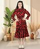 Cutiekins Woven Full Sleeves Leaves Printed Frill & Bow Applique Detailed Dress - Red & Black