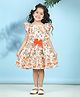 Cutiekins Cotton Woven Cap Sleeves Floral Printed Bow Applique Detailed Dress - Peach & Orange