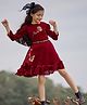 Tiny Girl Three Fourth Puffed Sleeves Rose Foil Printed Dress - Maroon