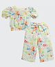 Tiny Girl Woven Half Puffed Sleeves Floral Printed Coordinating Top & Pants Set - Green