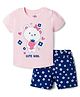 Doodle Poodle 100% Cotton Single Jersey Knit Half Sleeves Top & Shorts Set with Bear & Floral Print - Pink & Navy Blue