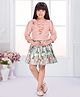 TINY BABY Satin Woven Three Fourth Sleeves Pearls & Stone Embellished Floral Applique Ruffle Detailed Top & Floral Printed Skirt Set - Peach