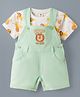 ToffyHouse Sinker Woven Half Sleeves Animal Printed T-Shirt & Dungaree with Embroidery Detailing - Sea Green