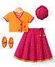 Exclusive from Jaipur Cotton Woven Half Sleeves Floral Printed Choli Lehenga Choli Set with Booties & Cap - Orange & Rani