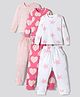 Primo Gino 100% Cotton Knit Full Sleeves Polka Dots Star & Hearts Printed Co-ords T-Shirt & Pyjama Night Suits Pack of 3 - White Pink & Red
