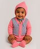Little Angels Woollen Knit Full Sleeves Geometric Designed Cardigan With Cap & Socks - Neon Pink & Blue
