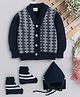 Little Angels Woollen Knit Full Sleeves Abstract Designed Cardigan With Cap & Socks - Navy Blue
