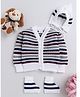 Little Angels Woollen Knit Full Sleeves Striped Cardigan With Cap & Socks - White