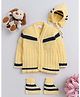 Little Angels Woollen Knit Full Sleeves Striped Cardigan With Cap & Socks - Yellow