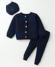 Yellow Apple Knit Full Sleeves Solid Sweatshirt & Joggers Pant Winter Wear Set With Cap - Navy Blue