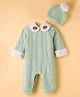 Yellow Apple Knit Full Sleeves Winter Wear Romper with Cap & Cable Knit Design - Sea Green