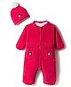 Yellow Apple Knit Full Sleeves Winter Wear Romper with Cap & Embroidery - Pink