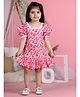 Cutiekins Cotton Woven Half Puffed Sleeves Floral Printed Lace Embellished Dress  - Pink & White