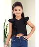Lei-Chie Woven Frill Sleeves Solid Crop Top - Black