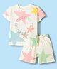Ollypop Sinker Knit Half Sleeves T-Shirt & Shorts Co-ord Night Suit With Star Print - Cream & Baby Pink