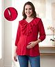 Bella Mama Woven Three Fourth Sleeves Solid Colour Maternity Top with Ruffle Detailing - Maroon
